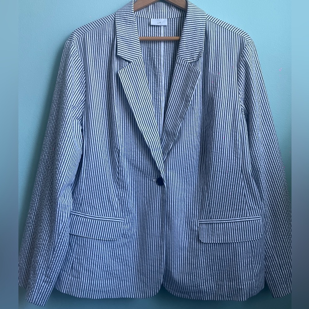 J. Jill Blue and White Striped Seersucker Blazer 2XL